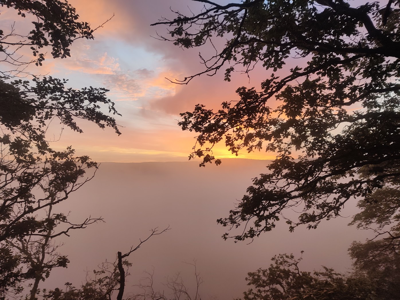 sunrise above the hills, in the fog